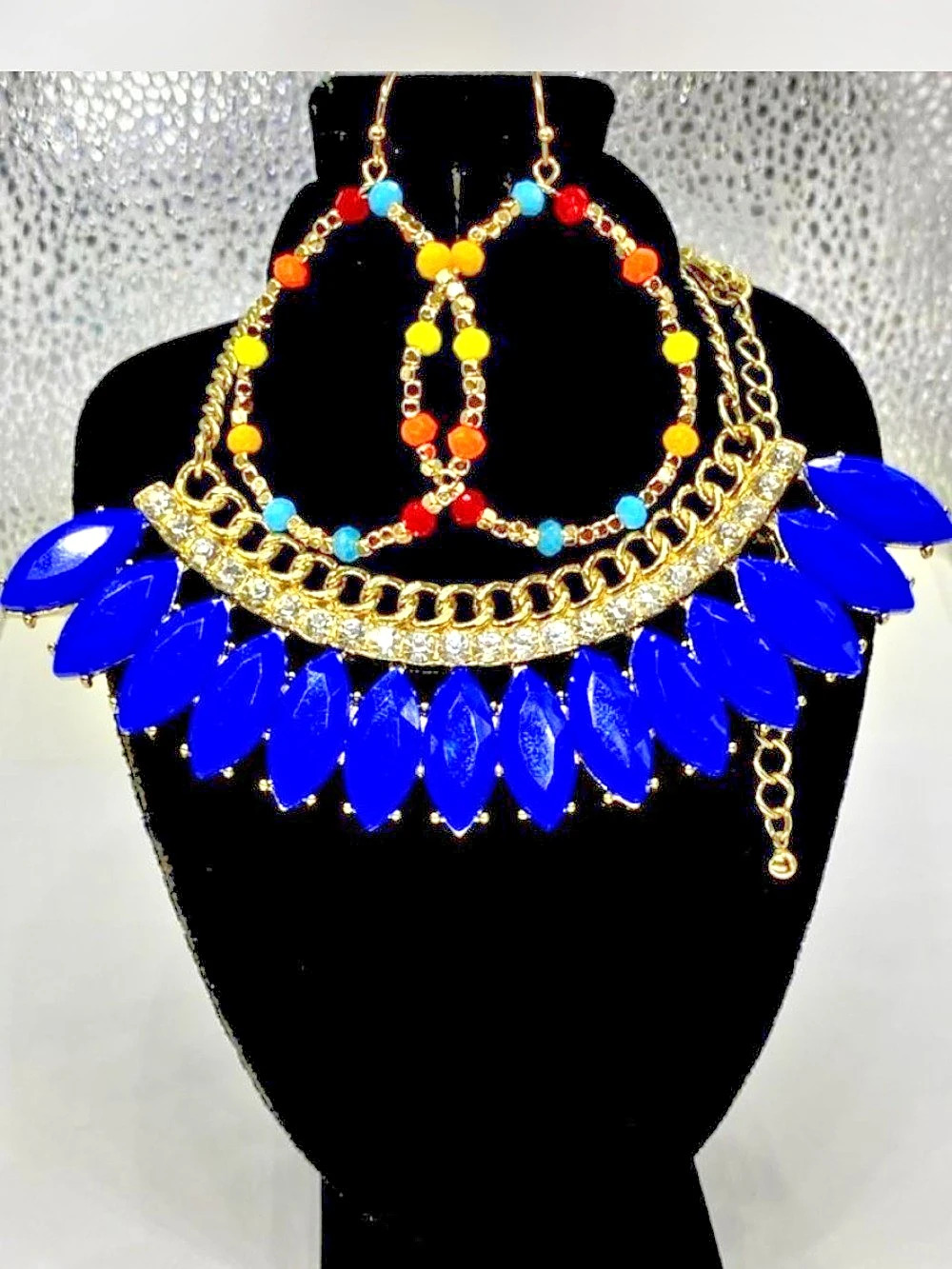 Iced Electric Blue & Gold ^^^ Statement Necklace \ Earrings ***